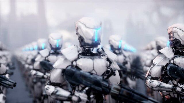 invasion of military robots. Dramatic apocalypse super realistic concept. Future. 4k animation.