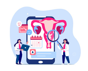 Online Gynecologist Doctor Consultation.Feminine Smartphone Calendar Menstruation Cycle.Female Online Medical Hospital.Internet Female Gynecological Consultation.Uterus,Ovaries Treatment. Illustration