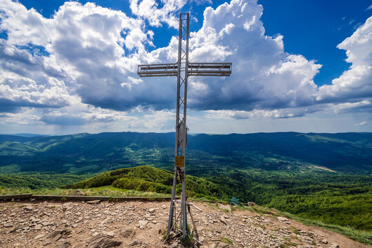 Cross near Smerek peak located in Wetlina Polonyna montane meadow in Bieszczady Mountains, Poland