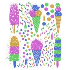Ice-cream summer food. Bright color. Hand drawn style.