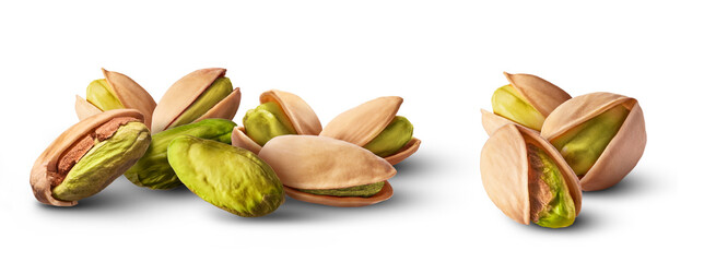 A set with Fresh raw Pistachios isolated on white background. High resolution