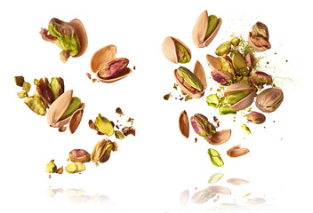 A set with Flying in air fresh raw whole and cracked pistachios  isolated on white background....