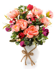 Bouquet of blooming pink flowers in white vase with burlap bow. Isolated on white background.