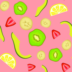 Seamless vector pattern with fruits. Pink background. Multicolored icons.