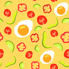 Seamless vector pattern with food. Orange background. Multicolored icons.