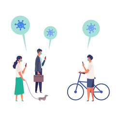 Masked people using mobile phone, checking about coronavirus topics. Men and women looking for information regarding the Coronavirus.