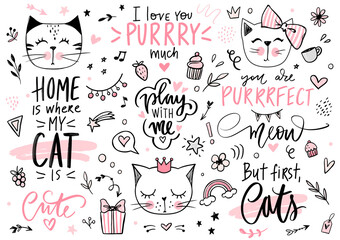 Doodle Cats illustration and kitten quotes, meow lettering. Cute vector set with funny hipster pets, fashion kitty phrases