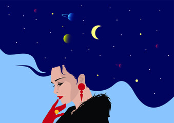 The profile of a girl with he hair full of stars inside. Female portrait of magic night fairy. Vector illustration. Fantasy, spirituality, occultism.