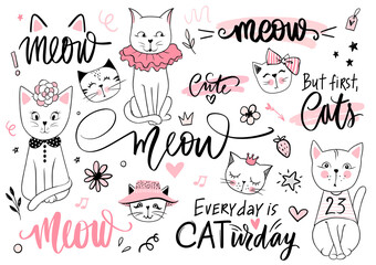 Doodle Cats illustration and kitten quotes, meow lettering. Cute vector set with funny hipster pets, fashion kitty phrases