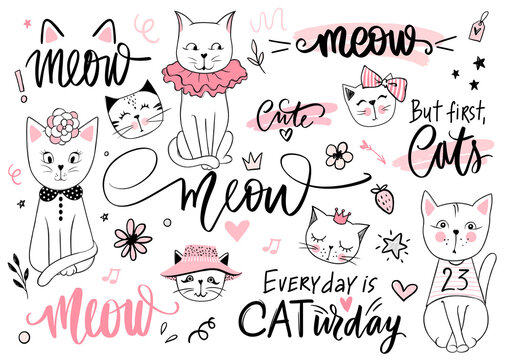 Doodle Cats illustration and kitten quotes, meow lettering. Cute vector set with funny hipster pets, fashion kitty phrases