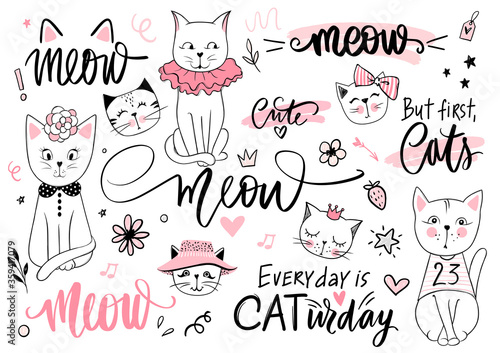 Doodle Cats Illustration And Kitten Quotes Meow Lettering Cute Vector Set With Funny Hipster Pets Fashion Kitty Phrases Wall Mural Yana2607 Doodle Cats Illustration And Kitten Quotes Meow Lettering Cute Vector Set With Funny Hipster Pets Fashion Kitty Phrases Wall Mural Yana2607