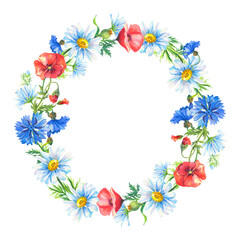 Frame.Bouquet of white Chamomile,red poppy,cornflower.Wreath.Abstract flower for decoration design. Watercolor floral illustration.