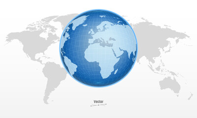 Fototapeta premium A blue vector globe illustration with a grid pattern is centered over a grey silhouette world map on a white background.
