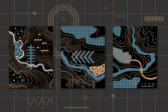A set of abstract posters made in the style of topographic maps. Patterns with geometric shapes, line art