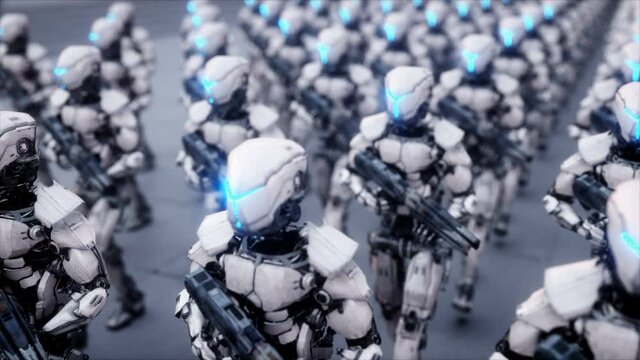 invasion of military robots. Dramatic apocalypse super realistic concept. Future. 4k animation.
