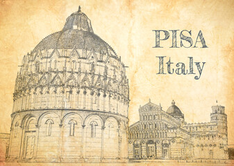 Monuments in Pisa, sketch on old paper