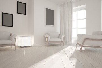 modern room with armchairs,lamp and frames interior design. 3D illustration