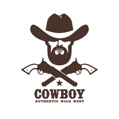 Wild west cowboy stencil retro emblem. Western ranger and pistols vintage logo. Vector stamp illustration.