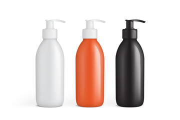 white, orange and black plastic bottles with  pump vector mock up  template 