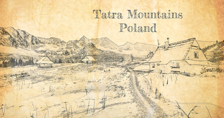 Fototapeta na wymiar Sketch of Tatras Mountains in winter, Poland
