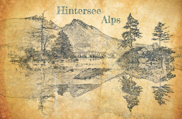 Obraz premium Sketch of Hintersee lake in Germany Alps on old paper