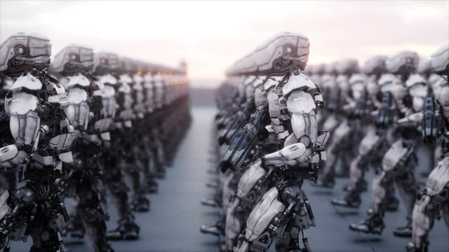 invasion of military robots. Dramatic apocalypse super realistic concept. Future. 4k animation.