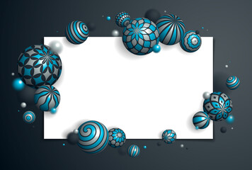 Abstract spheres vector background with blank paper sheet, composition of flying balls decorated with patterns, 3D mixed variety realistic globes with ornaments, depth of field effect.