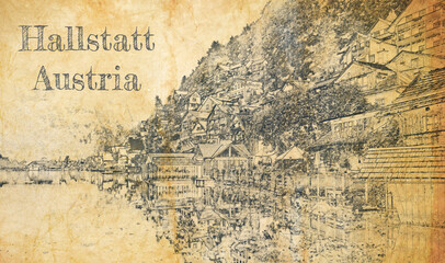Hallstatt on the lake in Alps, sketch on old paper