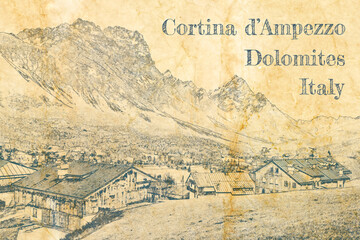 Sketch of Cortina di Ampezzo in Dolomites, Italy