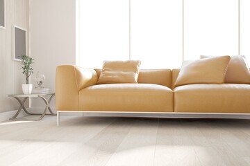 modern room with sofa,table,plant and white background in windows interior design. 3D illustration