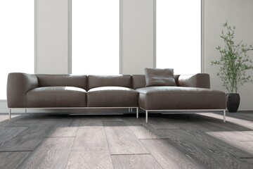 modern room with sofa,plant and white background in windows interior design. 3D illustration