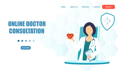 Vector of female physician advising on health via Internet.