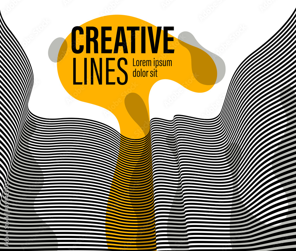 Poster abstract vector 3d lines with yellow fluid splat background, black and white curves linear perspecti