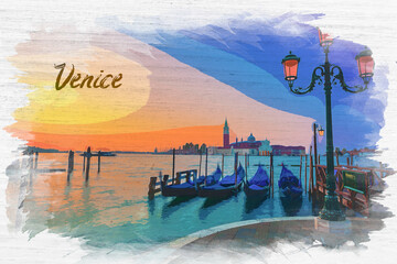 Sunrise over the Grand Canal in Venice, watercolor painting