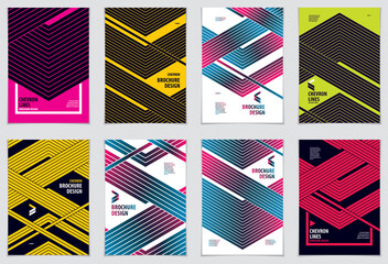 Brochure Design Templates minimal design. Modern Geometric Abstract patterns vector backgrounds set. Striped line textured geometric illustrations. A4 print format.