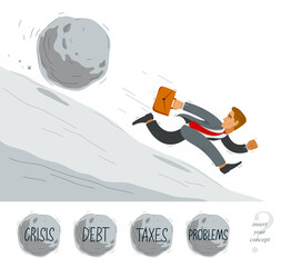 Business man run from a stone symbolizes problems such as debt crisis or taxes vector illustration, funny comic cute cartoon businessman worker or employee in a rush.