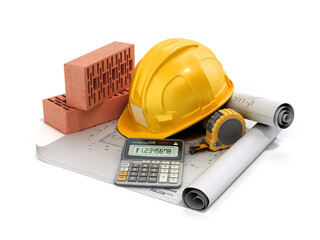 modern construction costing concept hard hat bricks and tape measure in the drawings next to the calculator 3d render on white