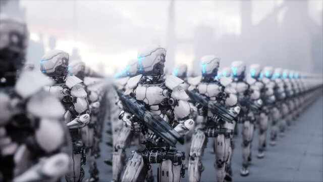 invasion of military robots. Dramatic apocalypse super realistic concept. Future. 4k animation.