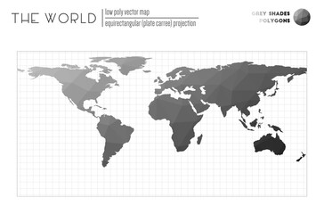 Low poly design of the world. Equirectangular (plate carree) projection of the world. Grey Shades colored polygons. Amazing vector illustration.