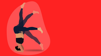 Vector graphic of a girl showing the step by step method for doing headstand yoga. Four steps of doing headstand yoga pose, with copy space