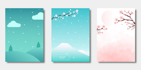 Set of covers design, Modern template with Spring Cherry Blossom with moutain, gradient background,  Pattern of covers template set, Vector illustration