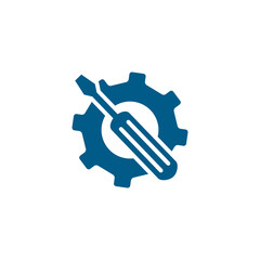 Service Tools Blue Icon On White Background. Blue Gear Wheel & Hammer Flat Style Vector Illustration