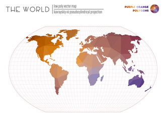 Low poly world map. Kavrayskiy VII pseudocylindrical projection of the world. Purple Orange colored polygons. Awesome vector illustration.