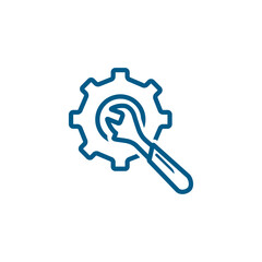 Service Tools Blue Line Icon On White Background. Blue Gear Wheel & Hammer Flat Style Illustration