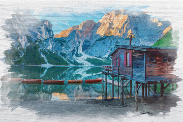 Naklejka premium Lago di Braies in Dolomites, watercolor painting