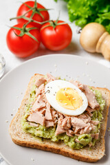Fototapeta na wymiar Avocado rye bread toast with tuna and boiled egg