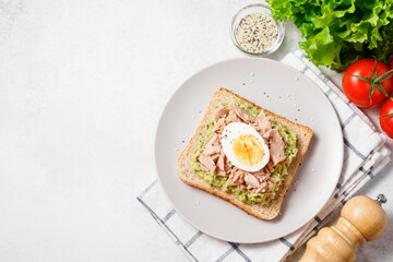 Avocado rye bread toast with tuna and boiled egg on bright background