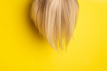 Blond hair on bright yellow background. Natural healthy blond hair. Copy space, mock up