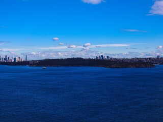 Panoramic view of Sydney Harbour in NSW Australia on a cold winters day Partly cloudy skies 