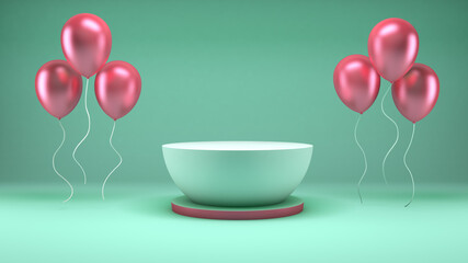 3D rendering of a white podium and pink balloons on a green background for product presentation